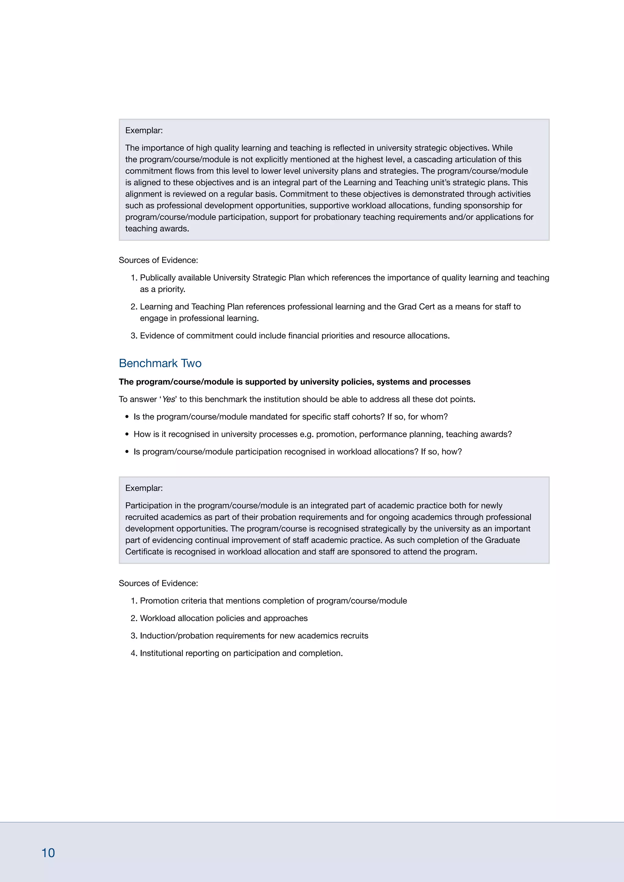 10
Exemplar:
The importance of high quality learning and teaching is reflected in university strategic objectives. While
the program/course/module is not explicitly mentioned at the highest level, a cascading articulation of this
commitment flows from this level to lower level university plans and strategies. The program/course/module
is aligned to these objectives and is an integral part of the Learning and Teaching unit’s strategic plans. This
alignment is reviewed on a regular basis. Commitment to these objectives is demonstrated through activities
such as professional development opportunities, supportive workload allocations, funding sponsorship for
program/course/module participation, support for probationary teaching requirements and/or applications for
teaching awards.
Sources of Evidence:
1. Publically available University Strategic Plan which references the importance of quality learning and teaching
as a priority.
2. Learning and Teaching Plan references professional learning and the Grad Cert as a means for staff to
engage in professional learning.
3. Evidence of commitment could include financial priorities and resource allocations.
Benchmark Two
The program/course/module is supported by university policies, systems and processes
To answer ‘Yes’ to this benchmark the institution should be able to address all these dot points.
•	 Is the program/course/module mandated for specific staff cohorts? If so, for whom?
•	 How is it recognised in university processes e.g. promotion, performance planning, teaching awards?
•	 Is program/course/module participation recognised in workload allocations? If so, how?
Exemplar:
Participation in the program/course/module is an integrated part of academic practice both for newly
recruited academics as part of their probation requirements and for ongoing academics through professional
development opportunities. The program/course is recognised strategically by the university as an important
part of evidencing continual improvement of staff academic practice. As such completion of the Graduate
Certificate is recognised in workload allocation and staff are sponsored to attend the program.
Sources of Evidence:
1. Promotion criteria that mentions completion of program/course/module
2. Workload allocation policies and approaches
3. Induction/probation requirements for new academics recruits
4. Institutional reporting on participation and completion.
 