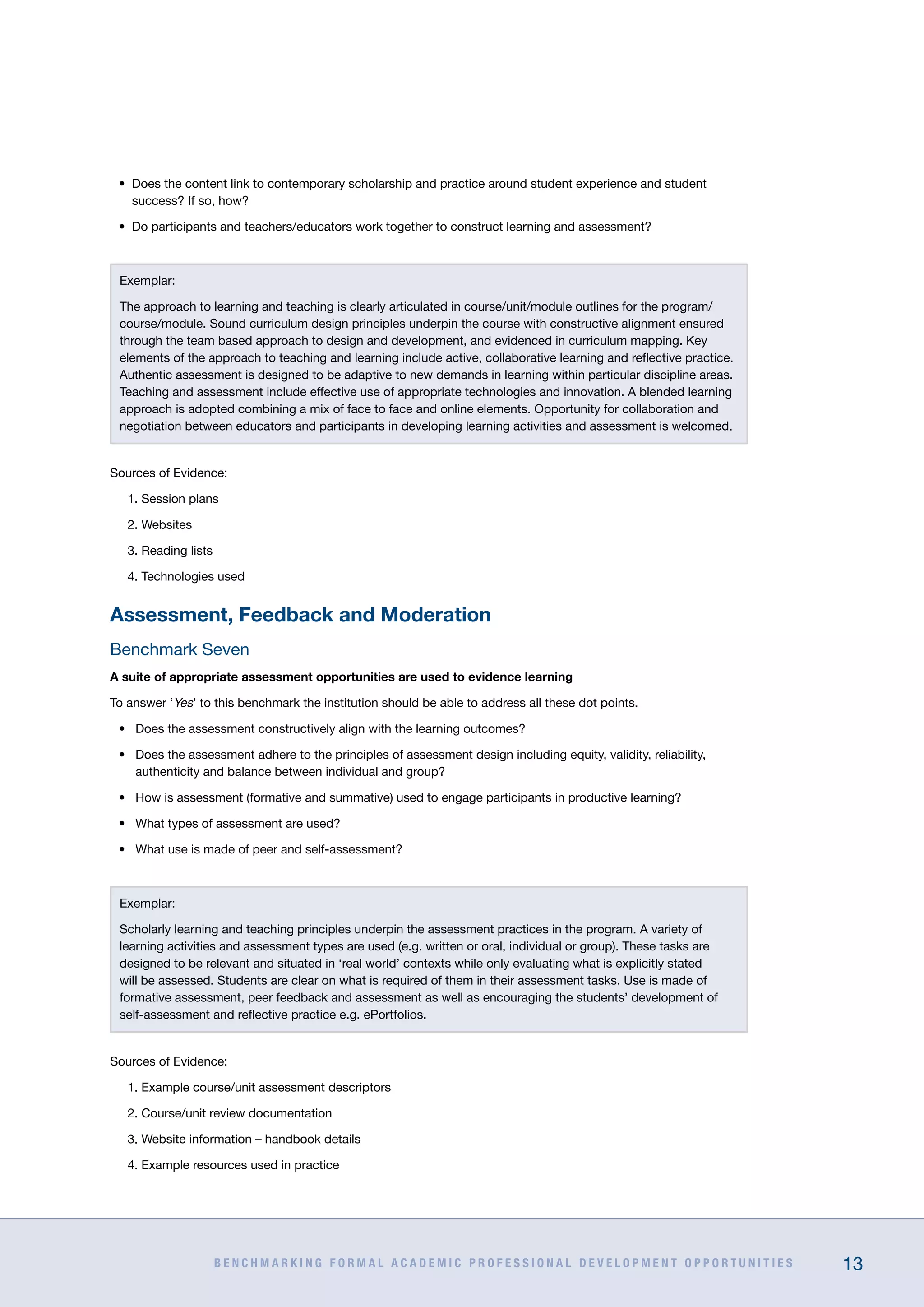 B E N C H M A R K I N G F O R M A L A C A D E M I C P R O F E S S I O N A L D E V E L O P M E N T O P P O R T U N I T I E S 13
•	 Does the content link to contemporary scholarship and practice around student experience and student
success? If so, how?
•	 Do participants and teachers/educators work together to construct learning and assessment?
Exemplar:
The approach to learning and teaching is clearly articulated in course/unit/module outlines for the program/
course/module. Sound curriculum design principles underpin the course with constructive alignment ensured
through the team based approach to design and development, and evidenced in curriculum mapping. Key
elements of the approach to teaching and learning include active, collaborative learning and reflective practice.
Authentic assessment is designed to be adaptive to new demands in learning within particular discipline areas.
Teaching and assessment include effective use of appropriate technologies and innovation. A blended learning
approach is adopted combining a mix of face to face and online elements. Opportunity for collaboration and
negotiation between educators and participants in developing learning activities and assessment is welcomed.
Sources of Evidence:
1. Session plans
2. Websites
3. Reading lists
4. Technologies used
Assessment, Feedback and Moderation
Benchmark Seven
A suite of appropriate assessment opportunities are used to evidence learning
To answer ‘Yes’ to this benchmark the institution should be able to address all these dot points.
•	 Does the assessment constructively align with the learning outcomes?
•	 Does the assessment adhere to the principles of assessment design including equity, validity, reliability,
authenticity and balance between individual and group?
•	 How is assessment (formative and summative) used to engage participants in productive learning?
•	 What types of assessment are used?
•	 What use is made of peer and self-assessment?
Exemplar:
Scholarly learning and teaching principles underpin the assessment practices in the program. A variety of
learning activities and assessment types are used (e.g. written or oral, individual or group). These tasks are
designed to be relevant and situated in ‘real world’ contexts while only evaluating what is explicitly stated
will be assessed. Students are clear on what is required of them in their assessment tasks. Use is made of
formative assessment, peer feedback and assessment as well as encouraging the students’ development of
self-assessment and reflective practice e.g. ePortfolios.
Sources of Evidence:
1. Example course/unit assessment descriptors
2. Course/unit review documentation
3. Website information – handbook details
4. Example resources used in practice
 