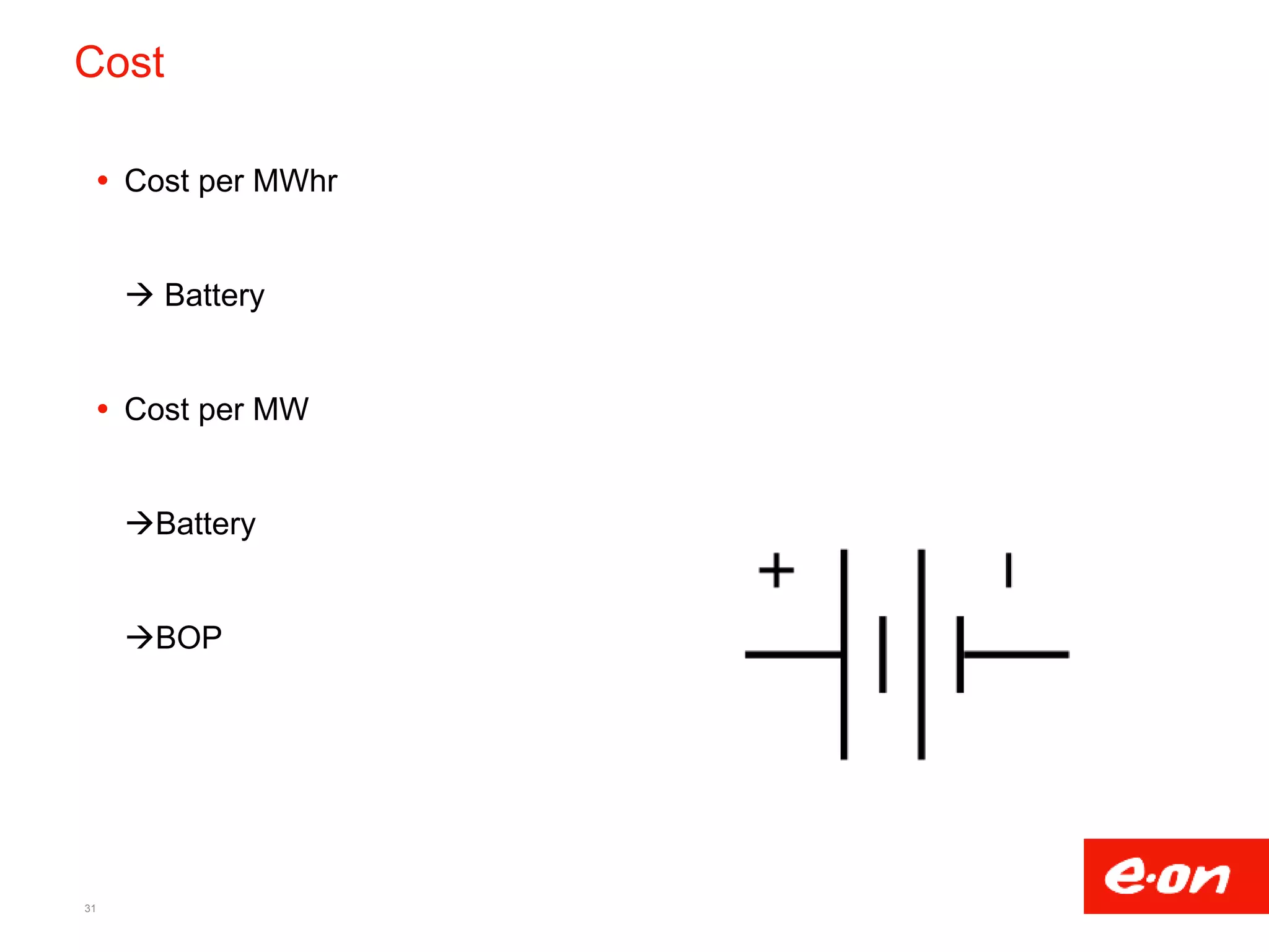 Cost
 Cost per MWhr
 Battery
 Cost per MW
Battery
BOP
31
 