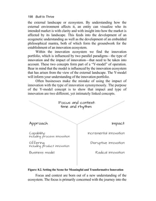198 Built to Thrive
the external landscape or ecosystem. By understanding how the
external environment affects it, an entity can visualize who its
intended market is with clarity and with insight into how the market is
affected by its landscape. This feeds into the development of an
ecogenetic understanding as well as the development of an embedded
philosophical mantra, both of which form the groundwork for the
establishment of an innovation ecosystem.
Within the innovation ecosystem we find the innovation
portfolio, which is influenced by two parallel paradigms—the type of
innovation and the impact of innovation—that need to be taken into
account. These two concepts form part of a “Y-model” of operation.
Bear in mind that the model is influenced by the innovation ecosystem
that has arisen from the view of the external landscape. The Y-model
will inform your understanding of the innovation portfolio.
Often businesses make the mistake of using the impact of
innovation with the type of innovation synonymously. The purpose
of the Y-model concept is to show that impact and type of
innovation are two different, yet intimately linked concepts.
Figure: 8.2. Setting the Scene for Meaningful and Transformative Innovation
Focus and context are born out of a new understanding of the
ecosystem. The focus is primarily concerned with the journey into the
 
