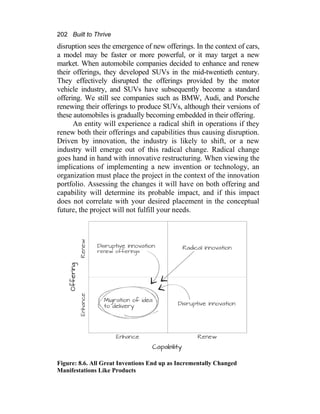 202 Built to Thrive
disruption sees the emergence of new offerings. In the context of cars,
a model may be faster or more powerful, or it may target a new
market. When automobile companies decided to enhance and renew
their offerings, they developed SUVs in the mid-twentieth century.
They effectively disrupted the offerings provided by the motor
vehicle industry, and SUVs have subsequently become a standard
offering. We still see companies such as BMW, Audi, and Porsche
renewing their offerings to produce SUVs, although their versions of
these automobiles is gradually becoming embedded in their offering.
An entity will experience a radical shift in operations if they
renew both their offerings and capabilities thus causing disruption.
Driven by innovation, the industry is likely to shift, or a new
industry will emerge out of this radical change. Radical change
goes hand in hand with innovative restructuring. When viewing the
implications of implementing a new invention or technology, an
organization must place the project in the context of the innovation
portfolio. Assessing the changes it will have on both offering and
capability will determine its probable impact, and if this impact
does not correlate with your desired placement in the conceptual
future, the project will not fulfill your needs.
Figure: 8.6. All Great Inventions End up as Incrementally Changed
Manifestations Like Products
 