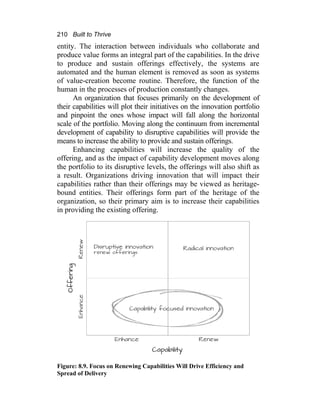210 Built to Thrive
entity. The interaction between individuals who collaborate and
produce value forms an integral part of the capabilities. In the drive
to produce and sustain offerings effectively, the systems are
automated and the human element is removed as soon as systems
of value-creation become routine. Therefore, the function of the
human in the processes of production constantly changes.
An organization that focuses primarily on the development of
their capabilities will plot their initiatives on the innovation portfolio
and pinpoint the ones whose impact will fall along the horizontal
scale of the portfolio. Moving along the continuum from incremental
development of capability to disruptive capabilities will provide the
means to increase the ability to provide and sustain offerings.
Enhancing capabilities will increase the quality of the
offering, and as the impact of capability development moves along
the portfolio to its disruptive levels, the offerings will also shift as
a result. Organizations driving innovation that will impact their
capabilities rather than their offerings may be viewed as heritage-
bound entities. Their offerings form part of the heritage of the
organization, so their primary aim is to increase their capabilities
in providing the existing offering.
Figure: 8.9. Focus on Renewing Capabilities Will Drive Efficiency and
Spread of Delivery
 