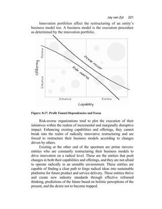 Jay van Zyl 221
Innovation portfolios affect the restructuring of an entity’s
business model too. A business model is the execution procedure
as determined by the innovation portfolio.
Figure: 8.17. Profit Tunnel Dependencies and Focus
Risk-averse organizations tend to plot the execution of their
initiatives within the realms of incremental and marginally disruptive
impact. Enhancing existing capabilities and offerings, they cannot
break into the realm of radically innovative restructuring and are
forced to restructure their business models according to changes
driven by others.
Existing at the other end of the spectrum are prime movers:
entities who are constantly restructuring their business models to
drive innovation on a radical level. These are the entities that push
changes in both their capabilities and offerings, and they are not afraid
to operate radically in an unstable environment. These entities are
capable of finding a clear path to forge radical ideas into sustainable
platforms for future product and service delivery. These entities thrive
and create new industry standards through effective reframed
thinking, predictions of the future based on holistic perceptions of the
present, and the desire not to become trapped.
 