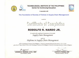 in association with
TECHNOLOGICAL INSTITUTE OF THE PHILIPPINES
Center for Continuing Education
T IP S1~I'HER FOIl
~D~t':¥1~2
The Foundation of Society of Fellows in Supply Chain Management
awardS tliis
:.J jf ~TJl~!(~j0
f
1 ,l~ 011Jp!Jj~J0jJ
to
RODOLFO R. NARDO JR.
for satisfactorily compfeti11fJ tfie requirements of the module
SuppCy Chain 9vtanagement
under tfie
Diploma in Suppey Chain 9vtanagement
fieU at rfecfinoCoBica{ Institute of tfie q>fiitippines - Center for Continui11fJ Educatioti from marcfi 13, 20, 21, 2010
Biven this 2TlIi aay of ~arcfi t 2010 at tfie rfecfinoCoBica{ Institute of tfie q>fiitippines -Center for Continui11fJ Education, ~ anila, q>fiitippines
,./l ~ ~ •.J ~ t:;~_
LOURDES S. GUZMAN, C.P.M., DSM
Vice-President,SOFSM
LUCITO R. TORRES, PMP
Executive Director, TIP-CCE
 