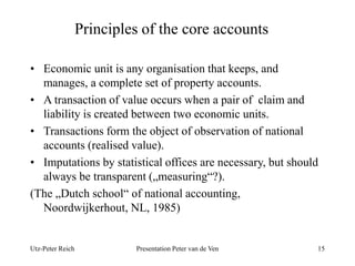 Principles of the core accounts 
• Economic unit is any organisation that keeps, and 
manages, a complete set of property accounts. 
• A transaction of value occurs when a pair of claim and 
liability is created between two economic units. 
• Transactions form the object of observation of national 
accounts (realised value). 
• Imputations by statistical offices are necessary, but should 
always be transparent („measuring“?). 
(The „Dutch school“ of national accounting, 
Noordwijkerhout, NL, 1985) 
Utz-Peter Reich Presentation Peter van de Ven 15 
