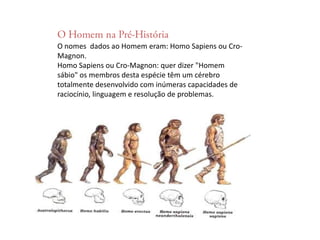 O Homem na Pré-HistóriaO nomes  dados ao Homem eram: Homo Sapiens ou Cro-Magnon.Homo Sapiens ou Cro-Magnon: quer dizer "Homem sábio" os membros desta espécie têm um cérebro totalmente desenvolvido com inúmeras capacidades de raciocínio, linguagem e resolução de problemas.