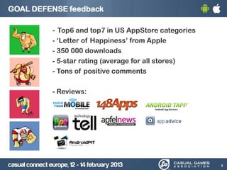 GOAL DEFENSE feedback
- Top6 and top7 in US AppStore categories
- ‘Letter of Happiness’ from Apple
- 350 000 downloads
- 5-star rating (average for all stores)
- Tons of positive comments
- Reviews:
5