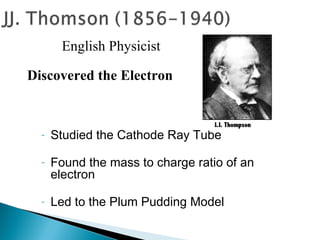 English Physicist

Discovered the Electron



  -   Studied the Cathode Ray Tube

  -   Found the mass to charge ratio of an
      electron

  -   Led to the Plum Pudding Model
 