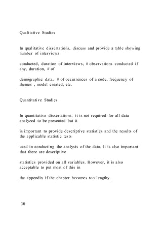 Qualitative Studies
In qualitative dissertations, discuss and provide a table showing
number of interviews
conducted, duration of interviews, # observations conducted if
any, duration, # of
demographic data, # of occurrences of a code, frequency of
themes , model created, etc.
Quantitative Studies
In quantitative dissertations, it is not required for all data
analyzed to be presented but it
is important to provide descriptive statistics and the results of
the applicable statistic tests
used in conducting the analysis of the data. It is also important
that there are descriptive
statistics provided on all variables. However, it is also
acceptable to put most of this in
the appendix if the chapter becomes too lengthy.
30
 