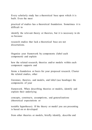 Every scholarly study has a theoretical base upon which it is
built. Even the most
practical of studies has a theoretical foundation. Sometimes it is
difficult to
identify the relevant theory or theories, but it is necessary to do
so because
research studies that lack a theoretical base are not
dissertations.
Organize your framework by components (label each
component) and explain
how the related research, theories and/or models within each
component supports and
forms a foundation or basis for your proposed research. Cluster
the related studies, other
literature, theories, and models, and label (use headings) the
components of your
framework. When describing theories or models, identify and
explain their underlying
concepts, constructs, assumptions, and generalizations
(theoretical expectations or
testable hypotheses). If the theory or model you are presenting
is based on or developed
from other theories or models, briefly identify, describe and
 