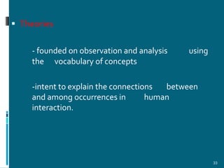  Theories


    - founded on observation and analysis   using
    the vocabulary of concepts

    -intent to explain the connections  between
    and among occurrences in        human
    interaction.




                                                    33
 