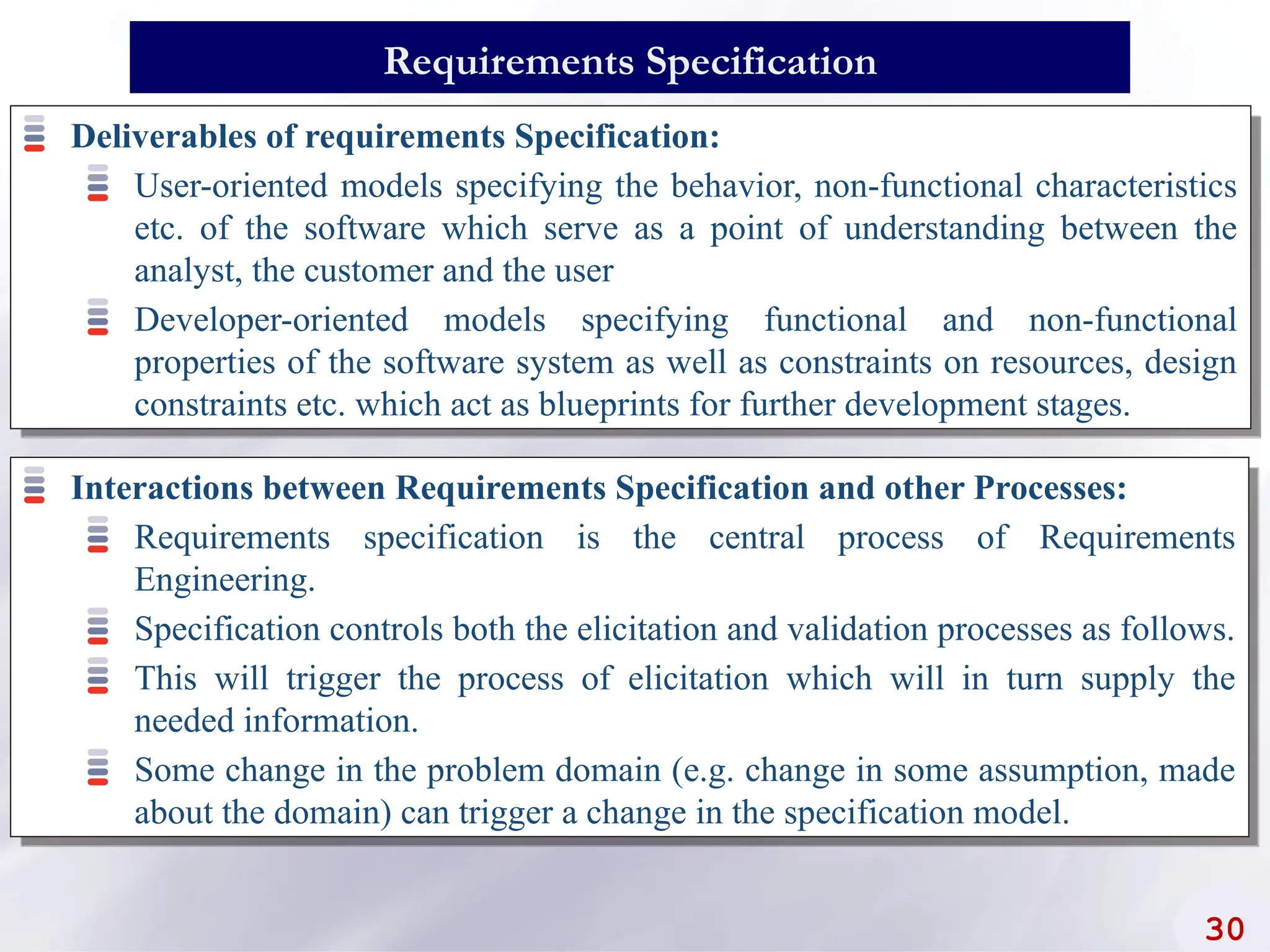 Deliverables of requirements Specification:
User-oriented models specifying the behavior, non-functional characteristics
etc. of the software which serve as a point of understanding between the
analyst, the customer and the user
Developer-oriented models specifying functional and non-functional
properties of the software system as well as constraints on resources, design
constraints etc. which act as blueprints for further development stages.
30
Requirements Specification
Interactions between Requirements Specification and other Processes:
Requirements specification is the central process of Requirements
Engineering.
Specification controls both the elicitation and validation processes as follows.
This will trigger the process of elicitation which will in turn supply the
needed information.
Some change in the problem domain (e.g. change in some assumption, made
about the domain) can trigger a change in the specification model.
 