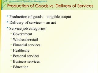 1-23 Introduction to Operations Management
Production of Goods vs. Delivery of Services
Production of Goods vs. Delivery of Services
 Production of goods – tangible output
 Delivery of services – an act
 Service job categories
 Government
 Wholesale/retail
 Financial services
 Healthcare
 Personal services
 Business services
 Education
 