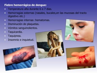 Fiebre hemorrágica de dengue: Temperatura alta durante 6 o 7 dias. Hemorragias externas (nasales, bucales,en las mucosas del tracto digestivo etc.) Hemorragias internas :hematomas. Disminución de plaquetas. Vómitos sanguinolientos. Taquicardia. Taquipnea. Insomnio e inquietud. 