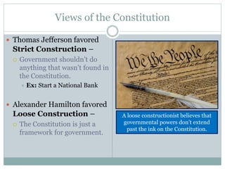 Views of the Constitution
 Thomas Jefferson favored
Strict Construction –
 Government shouldn’t do
anything that wasn’t found in
the Constitution.
 Ex: Start a National Bank
 Alexander Hamilton favored
Loose Construction –
 The Constitution is just a
framework for government.
A loose constructionist believes that
governmental powers don’t extend
past the ink on the Constitution.
 