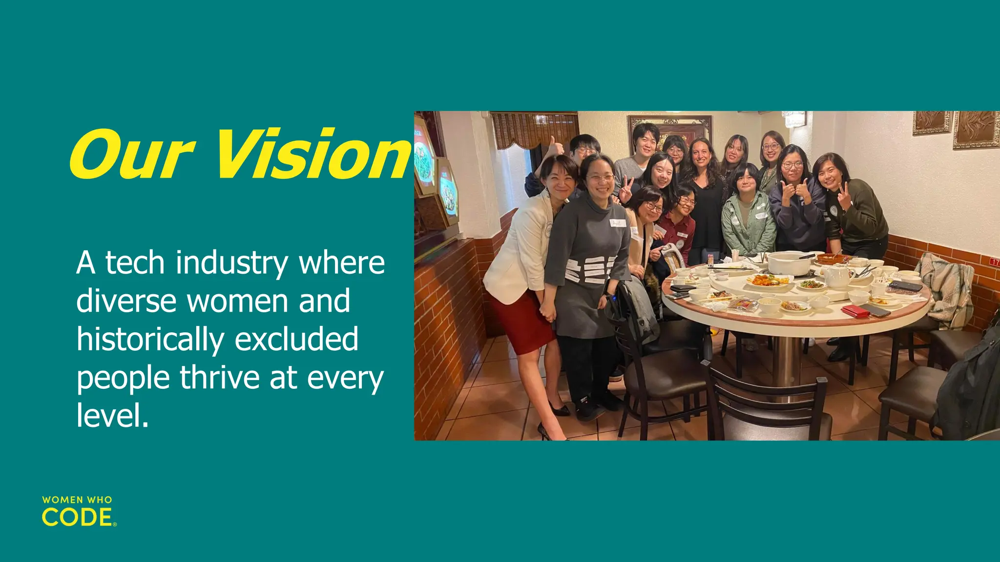 Our Vision
A tech industry where
diverse women and
historically excluded
people thrive at every
level.
 