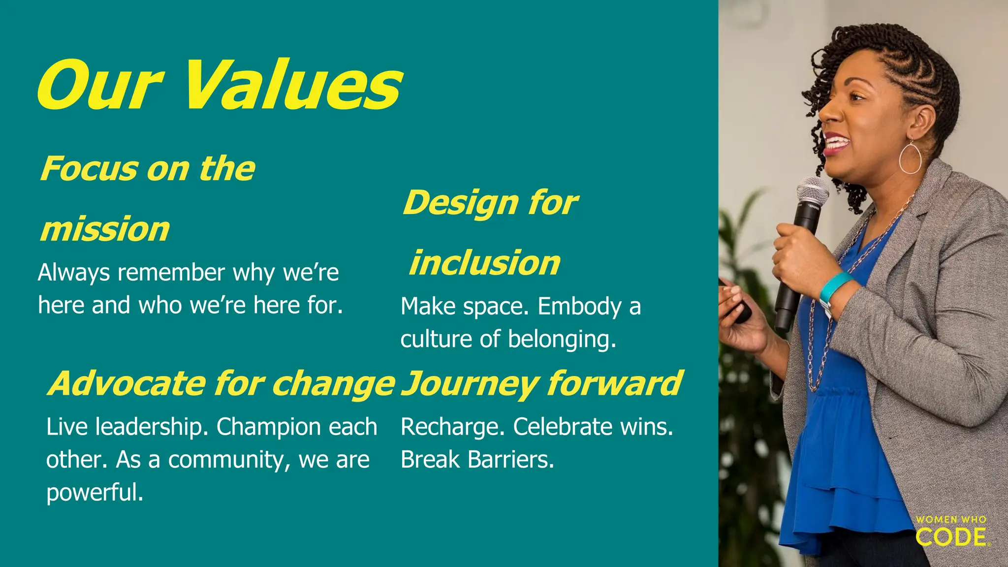 Focus on the
mission
Always remember why we’re
here and who we’re here for.
Design for
inclusion
Make space. Embody a
culture of belonging.
Advocate for change
Live leadership. Champion each
other. As a community, we are
powerful.
Journey forward
Recharge. Celebrate wins.
Break Barriers.
Our Values
 
