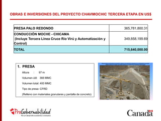 PRESA PALO REDONDO 365,781,800.31
CONDUCCIÓN MOCHE - CHICAMA
(Incluye Tercera Línea Cruce Río Virú y Automatización y
Control)
349,858,199.69
TOTAL 715,640,000.00
OBRAS E INVERSIONES DEL PROYECTO CHAVIMOCHIC TERCERA ETAPA EN US$
TIPO DE PRESA DE MATERIALES GRUESOS, PANTALLA DE CONCRETO ARMADO EN EL PARAMENTO DE AGUAS
ARRIBA PROYECTO OLMOS; DE DISEÑO SIMILAR A LA PRESA PALO REDONDO PROYECTADA
1. PRESA
Altura : 97 m
Volumen útil: 366 MMC
Volumen total: 400 MMC
Tipo de presa: CFRD
(Relleno con materiales granulares y pantalla de concreto)
 