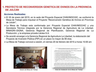 Acciones Realizadas:
 El 30 de enero del 2015, en la sede del Proyecto Especial CHAVIMOCHIC, se conformó la
Mesa de Trabajo para impulsar el Proyecto “Reconversión Genética de Ovinos en Provincia
de Julcán”.
 La Mesa de Trabajo esta conformada por: Proyecto Especial CHAVIMOCHIC y una
Secretaria Técnica integrada por la Gerencia Regional de Agricultura de La Libertad,
MINAGRI–DIGNA, Gerencia Regional de Planificación, Gerencia Regional de La
Producción, y la empresa privada Láctea S.A.
 Se acordó encargar a la Gerencia Regional de Agricultura La Libertad, la elaboración del
Proyecto de Inversión Pública (PIP) en un plazo no mayor de 90 días.
 La Mesa de Trabajo convocó a sesión, el viernes 20 de febrero del 2015 a horas 10:00 am
Acta de Instalación de la Mesa de TrabajoSesión de Mesa de Trabajo
 