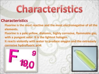 Characteristics
Fluorine is the most reactive and the most electronegative of all the
elements.
Fluorine is a pale yellow, diatomic, highly corrosive, flammable gas,
with a pungent odor. It is the lightest halogen.
It reacts violently with water to produce oxygen and the extremely
corrosive hydrofluoric acid.
 