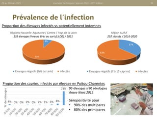 Prévalence de l’infection
Journées Techniques Caprines 2022 – 8ème édition 39
29 au 31 mars 2022
8%
92%
Régions Nouvelle-Aquitaine / Centre / Pays de la Loire
Elevages négatifs (lait de tank) Infectés
37%
63%
Région AURA
Elevages négatifs (7 à 15 caprins) Infectés
Proportion des caprins infectés par élevage en Poitou-Charentes
Proportion des élevages infectés vs potentiellement indemnes
4% 0% 0% 2% 0% 2% 1% 3% 8%
78%
%
des
élevages
Séropositivité pour
• 90% des multipares
• 80% des primipares
93 élevages x 90 sérologies
Anses-Niort 2012
135 élevages livreurs tirés au sort (LILCO) / 2021 292 statuts / 2016-2020
 