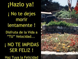 ¡Hazlo ya!  ¡ No te dejes morir lentamente ! Disfruta de la Vida a “TU” Velocidad...  ¡ NO TE IMPIDAS SER FELIZ ! Haz Tuya la Felicidad 