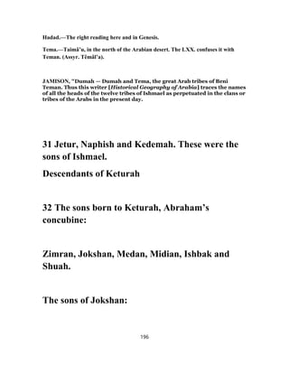 Hadad.—The right reading here and in Genesis.
Tema.—Taimâ’u, in the north of the Arabian desert. The LXX. confuses it with
Teman. (Assyr. Têmâl’a).
JAMISON, "Dumah — Dumah and Tema, the great Arab tribes of Beni
Teman. Thus this writer [Historical Geography of Arabia] traces the names
of all the heads of the twelve tribes of Ishmael as perpetuated in the clans or
tribes of the Arabs in the present day.
31 Jetur, Naphish and Kedemah. These were the
sons of Ishmael.
Descendants of Keturah
32 The sons born to Keturah, Abraham’s
concubine:
Zimran, Jokshan, Medan, Midian, Ishbak and
Shuah.
The sons of Jokshan:
196
 