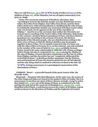 They are called in Gen_36:15 ‫ו‬ ָ‫שׂ‬ֵ‫ע‬ ‫ֵי‬‫נ‬ ְ‫בּ‬ ‫י‬ ֵ‫לּוּפ‬ ַ‫,א‬ heads of tribes (φύλαρχοι) of the
children of Esau, i.e., of the Edomites, but are all again enumerated, Gen.
3615-19, singly.
(Note: The erroneous statement of Bertheau, therefore, that
“according to Genesis the Edomite people was also divided into twelve
tribes, five tribes from Eliphaz, four tribes from Reuel, and the three
tribes which were referred immediately to Aholibamah the wife of Esau.
It is distinctly stated that Amalek was connected with these twelve tribes
only very loosely, for he appears as the son of the concubine of
Eliphaz,” - must be in so far corrected, that neither the Chronicle nor
Genesis knows anything of the twelve tribes of the Edomites. Both books,
on the contrary, mention thirteen grandsons of Esau, and these thirteen
grandsons are, according to the account of Genesis, the thirteen
phylarchs of the Edomite people, who are distributed according to the
three wives of Esau; so that the thirteen families may be grouped
together in three tribes. Nor is Amalek connected only in a loose way
with the other tribes in Genesis: he is, on the contrary, not only included
in the number of the sons of Adah in Gen_36:12, probably because
Timna stood in the same relationship to Adah the wife of Esau as Hagar
held to Sarah, but also is reckoned in Gen_36:16 among the Allufim of
the sons of Eliphaz. Genesis therefore enumerates not five but six tribes
from Eliphaz; and the chronicler has not “completely obliterated the
twelvefold division,” as Bertheau further maintains, but the thirteen
sons and grandsons of Esau who became phylarchs are all introduced;
and the only thing which is omitted in reference to them is the title ‫ו‬ ָ‫שׂ‬ֵ‫ע‬
‫ֵי‬‫נ‬ ְ‫בּ‬ ‫י‬ ֵ‫לּוּפ‬ ַ‫,א‬ it being unnecessary in a genealogical enumeration of the
descendants of Esau.)
JAMISON, "Reuel — a powerful branch of the great Aeneze tribe, the
Rowalla Arabs.
Shammah — the great tribe Beni Shammar. In the same way, the names of
the other kings and dukes are traced in the modern tribes of Arabia. But it is
unnecessary to mention any more of these obscure nomads, except to notice
that Jobab (1Ch_1:44), one of the kings of Edom, is considered to be Job,
and that his seat was in the royal city of Dinahab (Gen_36:32; 1Ch_1:43),
identified with O’Daeb, a well-known town in the center of Al Dahna, a great
northern desert in the direction of Chaldea and the Euphrates [Forster].
205
 