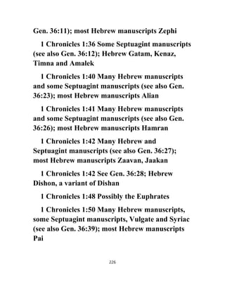 Gen. 36:11); most Hebrew manuscripts Zephi
1 Chronicles 1:36 Some Septuagint manuscripts
(see also Gen. 36:12); Hebrew Gatam, Kenaz,
Timna and Amalek
1 Chronicles 1:40 Many Hebrew manuscripts
and some Septuagint manuscripts (see also Gen.
36:23); most Hebrew manuscripts Alian
1 Chronicles 1:41 Many Hebrew manuscripts
and some Septuagint manuscripts (see also Gen.
36:26); most Hebrew manuscripts Hamran
1 Chronicles 1:42 Many Hebrew and
Septuagint manuscripts (see also Gen. 36:27);
most Hebrew manuscripts Zaavan, Jaakan
1 Chronicles 1:42 See Gen. 36:28; Hebrew
Dishon, a variant of Dishan
1 Chronicles 1:48 Possibly the Euphrates
1 Chronicles 1:50 Many Hebrew manuscripts,
some Septuagint manuscripts, Vulgate and Syriac
(see also Gen. 36:39); most Hebrew manuscripts
Pai
226
 