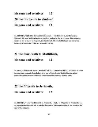 his sons and relatives 12
20 the thirteenth to Shubael,
his sons and relatives 12
ELLICOTT, "(20) The thirteenth to Shubael.—The Hebrew is, to thirteenth,
Shubael, his sons and his brethren, twelve; and so in the next verse. The meaning
seems to be: as to, or as regards, the thirteenth. Shubael (Shebuel) has occurred
before (1 Chronicles 23:16; 1 Chronicles 24:20).
21 the fourteenth to Mattithiah,
his sons and relatives 12
PULPIT, "Mattithiah (see 1 Chronicles 15:18, 1 Chronicles 15:21). No other of these
twenty-four names is found elsewhere out of this chapter in the history, a just
indication of the trustworthiness rather than the contrary of this table.
22 the fifteenth to Jerimoth,
his sons and relatives 12
ELLICOTT, " (22) The fifteenth to Jeremoth.—Heb., to fifteenth, to Jeremoth; i.e.,
as regards the fifteenth lot, it was for Jeremoth. The construction is the same to the
end of the chapter.
42
 