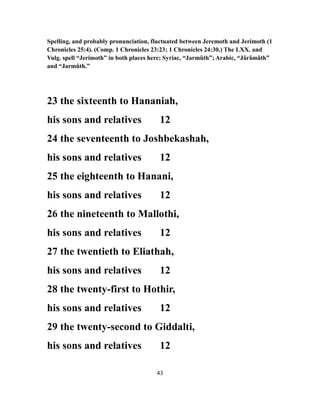 Spelling, and probably pronunciation, fluctuated between Jeremoth and Jerimoth (1
Chronicles 25:4). (Comp. 1 Chronicles 23:23; 1 Chronicles 24:30.) The LXX. and
Vulg. spell “Jerimoth” in both places here; Syriac, “Jarmûth”; Arabic, “Jârâmâth”
and “Jarmûth.”
23 the sixteenth to Hananiah,
his sons and relatives 12
24 the seventeenth to Joshbekashah,
his sons and relatives 12
25 the eighteenth to Hanani,
his sons and relatives 12
26 the nineteenth to Mallothi,
his sons and relatives 12
27 the twentieth to Eliathah,
his sons and relatives 12
28 the twenty-first to Hothir,
his sons and relatives 12
29 the twenty-second to Giddalti,
his sons and relatives 12
43
 
