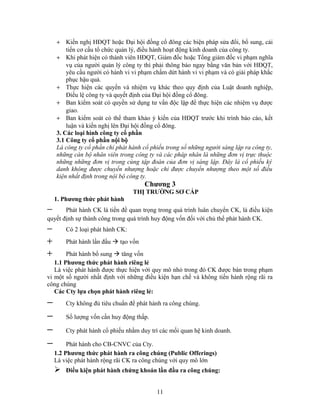 + Kiến nghị HĐQT hoặc Đại hội đồng cổ đông các biện pháp sửa đổi, bổ sung, cải
        tiến cơ cấu tổ chức quản lý, điều hành hoạt động kinh doanh của công ty.
    + Khi phát hiện có thành viên HĐQT, Giám đốc hoặc Tổng giám đốc vi phạm nghĩa
        vụ của người quản lý công ty thì phải thông báo ngay bằng văn bản với HĐQT,
        yêu cầu người có hành vi vi phạm chấm dứt hành vi vi phạm và có giải pháp khắc
        phục hậu quả.
    + Thực hiện các quyền và nhiệm vụ khác theo quy định của Luật doanh nghiệp,
        Điều lệ công ty và quyết định của Đại hội đồng cổ đông.
    + Ban kiểm soát có quyền sử dụng tư vấn độc lập để thực hiện các nhiệm vụ được
        giao.
    + Ban kiểm soát có thể tham khảo ý kiến của HĐQT trước khi trình báo cáo, kết
        luận và kiến nghị lên Đại hội đồng cổ đông.
    3. Các loại hình công ty cổ phần
    3.1 Công ty cổ phần nội bộ
    Là công ty cổ phần chỉ phát hành cổ phiếu trong số những người sáng lập ra công ty,
    những cán bộ nhân viên trong công ty và các pháp nhân là những đơn vị trực thuộc
    những những đơn vị trong cùng tập đoàn của đơn vị sáng lập. Đây là cổ phiếu ký
    danh không được chuyển nhượng hoặc chỉ được chuyển nhượng theo một số điều
    kiện nhất định trong nội bộ công ty.
                                      Chương 3
                                  THỊ TRƯỜNG SƠ CẤP
    1. Phương thức phát hành
−      Phát hành CK là tiền đề quan trọng trong quá trình luân chuyển CK, là điều kiện
quyết định sự thành công trong quá trình huy động vốn đối với chủ thể phát hành CK.
−       Có 2 loại phát hành CK:
+       Phát hành lần đầu  tạo vốn
+       Phát hành bổ sung  tăng vốn
   1.1 Phương thức phát hành riêng lẻ
   Là việc phát hành được thực hiện với quy mô nhỏ trong đó CK được bán trong phạm
vi một số người nhất định với những điều kiện hạn chế và không tiến hành rộng rãi ra
công chúng
   Các Cty lựa chọn phát hành riêng lẻ:
−       Cty không đủ tiêu chuẩn để phát hành ra công chúng.

−       Số lượng vốn cần huy động thấp.

−       Cty phát hành cổ phiếu nhằm duy trì các mối quan hệ kinh doanh.

−        Phát hành cho CB-CNVC của Cty.
    1.2 Phương thức phát hành ra công chúng (Public Offerings)
    Là việc phát hành rộng rãi CK ra công chúng với quy mô lớn
       Điều kiện phát hành chứng khoán lần đầu ra công chúng:


                                          11
 