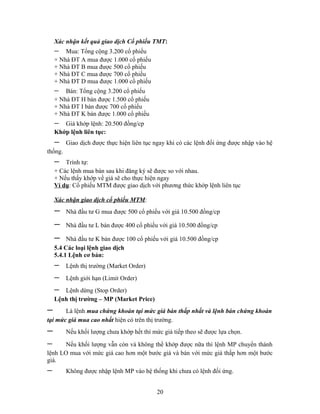 Xác nhận kết quả giao dịch Cổ phiếu TMT:
    −   Mua: Tổng cộng 3.200 cổ phiếu
    + Nhà ĐT A mua được 1.000 cổ phiếu
    + Nhà ĐT B mua được 500 cổ phiếu
    + Nhà ĐT C mua được 700 cổ phiếu
    + Nhà ĐT D mua được 1.000 cổ phiếu
    −   Bán: Tổng cộng 3.200 cổ phiếu
    + Nhà ĐT H bán được 1.500 cổ phiếu
    + Nhà ĐT I bán được 700 cổ phiếu
    + Nhà ĐT K bán được 1.000 cổ phiếu
    −  Giá khớp lệnh: 20.500 đồng/cp
    Khớp lệnh liên tục:
    −    Giao dịch được thực hiện liên tục ngay khi có các lệnh đối ứng được nhập vào hệ
thống.
    −   Trình tự:
    + Các lệnh mua bán sau khi đăng ký sẽ được so với nhau.
    + Nếu thấy khớp về giá sẽ cho thực hiện ngay
    Ví dụ: Cổ phiếu MTM được giao dịch với phương thức khớp lệnh liên tục

    Xác nhận giao dịch cổ phiếu MTM:
    −    Nhà đầu tư G mua được 500 cổ phiếu với giá 10.500 đồng/cp

    −    Nhà đầu tư L bán được 400 cổ phiếu với giá 10.500 đồng/cp

    −    Nhà đầu tư K bán được 100 cổ phiếu với giá 10.500 đồng/cp
    5.4 Các loại lệnh giao dịch
    5.4.1 Lệnh cơ bản:
    −    Lệnh thị trường (Market Order)
    −    Lệnh giới hạn (Limit Order)
    −  Lệnh dừng (Stop Order)
    Lệnh thị trường – MP (Market Price)
−      Là lệnh mua chứng khoán tại mức giá bán thấp nhất và lệnh bán chứng khoán
tại mức giá mua cao nhất hiện có trên thị trường.
−        Nếu khối lượng chưa khớp hết thì mức giá tiếp theo sẽ được lựa chọn.

−      Nếu khối lượng vẫn còn và không thể khớp được nữa thì lệnh MP chuyển thành
lệnh LO mua với mức giá cao hơn một bước giá và bán với mức giá thấp hơn một bước
giá.
−        Không được nhập lệnh MP vào hệ thống khi chưa có lệnh đối ứng.


                                            20
 
