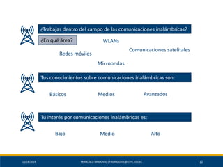 12/18/2019 FRANCISCO SANDOVAL | FASANDOVAL@UTPL.EDU.EC 12
Tus conocimientos sobre comunicaciones inalámbricas son:
¿Trabajas dentro del campo de las comunicaciones inalámbricas?
¿En qué área?
Redes móviles
WLANs
Comunicaciones satelitales
Microondas
Básicos Medios Avanzados
Tú interés por comunicaciones inalámbricas es:
Bajo Medio Alto
 