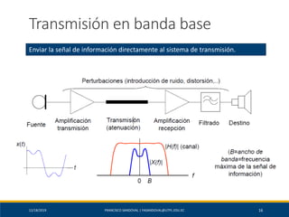 12/18/2019 FRANCISCO SANDOVAL | FASANDOVAL@UTPL.EDU.EC 16
Transmisión en banda base
Enviar la señal de información directamente al sistema de transmisión.
 