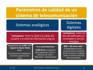 12/18/2019 FRANCISCO SANDOVAL | FASANDOVAL@UTPL.EDU.EC 31
Parámetros de calidad de un
sistema de telecomunicación
Sistemas analógicos
“semejanza” entre la señal a la salida del
receptor y la señal de información original
Degradación por ruido: SNR
= Signal to Noise Ratio
(S/N)
Cociente entre la potencia
de señal y potencia de
ruido
Otras perturbaciones:
S/(N+D+I), S=señal sin
perturbaciones, N+D+I =
potencia de ruido +
distorsión + Interferencias
Sistemas
digitales
“semejanza” entre los
bits decodificados en
el receptor y los bits
enviados
BER = bit error rate =
Probabilidad de error =
cociente entre el número
de bits erróneos recibidos
sobre el número total de
bits transmitidos.
 