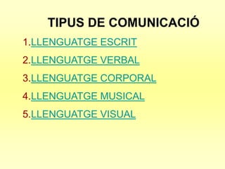 TIPUS DE COMUNICACI?
1.LLENGUATGE ESCRIT
2.LLENGUATGE VERBAL
3.LLENGUATGE CORPORAL
4.LLENGUATGE MUSICAL
5.LLENGUATGE VISUAL
 