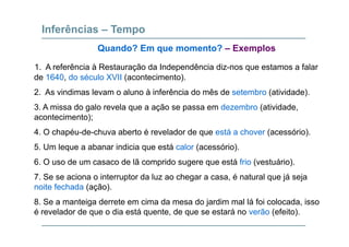 Inferências – Tempo
1 A referência à Restauração da Independência diz-nos que estamos a falar
Quando? Em que momento? – Exemplos
1. A referência à Restauração da Independência diz-nos que estamos a falar
de 1640, do século XVII (acontecimento).
2. As vindimas levam o aluno à inferência do mês de setembro (atividade).( )
3. A missa do galo revela que a ação se passa em dezembro (atividade,
acontecimento);
4. O chapéu-de-chuva aberto é revelador de que está a chover (acessório).
5. Um leque a abanar indicia que está calor (acessório).( )
6. O uso de um casaco de lã comprido sugere que está frio (vestuário).
7. Se se aciona o interruptor da luz ao chegar a casa, é natural que já seja7. Se se aciona o interruptor da luz ao chegar a casa, é natural que já seja
noite fechada (ação).
8. Se a manteiga derrete em cima da mesa do jardim mal lá foi colocada, isso
é revelador de que o dia está quente, de que se estará no verão (efeito).
 