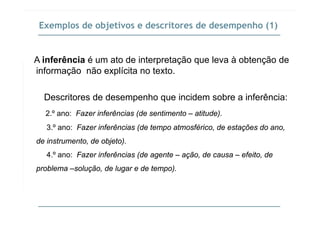 Exemplos de objetivos e descritores de desempenho (1)
A inferência é um ato de interpretação que leva à obtenção deA inferência é um ato de interpretação que leva à obtenção de
informação não explícita no texto.
Descritores de desempenho que incidem sobre a inferência:
2 º ano: Fazer inferências (de sentimento atitude)2.º ano: Fazer inferências (de sentimento – atitude).
3.º ano: Fazer inferências (de tempo atmosférico, de estações do ano,
d i t t d bj t )de instrumento, de objeto).
4.º ano: Fazer inferências (de agente – ação, de causa – efeito, de
problema –solução, de lugar e de tempo).
 
