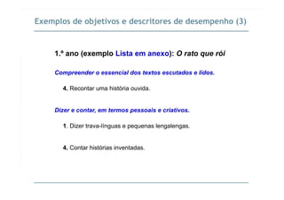 Exemplos de objetivos e descritores de desempenho (3)
1 º ano (exemplo Lista em anexo): O rato que rói1. ano (exemplo Lista em anexo): O rato que rói
Compreender o essencial dos textos escutados e lidos.
4. Recontar uma história ouvida.
Dizer e contar, em termos pessoais e criativos.
1. Dizer trava-línguas e pequenas lengalengas.
4 C ó4. Contar histórias inventadas.
 