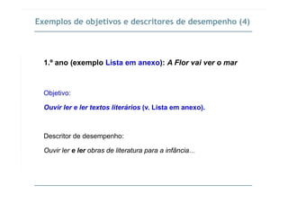 Exemplos de objetivos e descritores de desempenho (4)
1.º ano (exemplo Lista em anexo): A Flor vai ver o mar
Objetivo:
Ouvir ler e ler textos literários (v. Lista em anexo).
Descritor de desempenho:
Ouvir ler e ler obras de literatura para a infância…
 