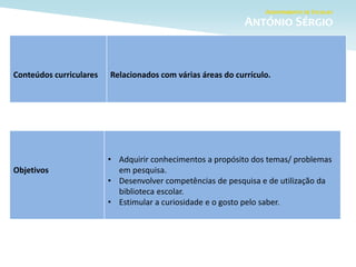 Objetivos
• Adquirir conhecimentos a propósito dos temas/ problemas
em pesquisa.
• Desenvolver competências de pesquisa e de utilização da
biblioteca escolar.
• Estimular a curiosidade e o gosto pelo saber.
Conteúdos curriculares Relacionados com várias áreas do currículo.
 