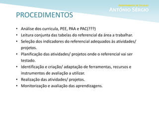 PROCEDIMENTOS
• Análise dos curricula, PEE, PAA e PAC(???)
• Leitura conjunta das tabelas do referencial da área a trabalhar.
• Seleção dos indicadores do referencial adequados às atividades/
projetos.
• Planificação das atividades/ projetos onde o referencial vai ser
testado.
• Identificação e criação/ adaptação de ferramentas, recursos e
instrumentos de avaliação a utilizar.
• Realização das atividades/ projetos.
• Monitorização e avaliação das aprendizagens.
 
