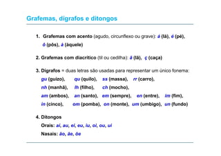 Grafemas, dígrafos e ditongos
1. Grafemas com acento (agudo, circunflexo ou grave): á (lá), é (pé),
ô (pôs), à (àquele)
2. Grafemas com diacrítico (til ou cedilha): ã (lã), ç (caça)
3. Dígrafos = duas letras são usadas para representar um único fonema:
gu ( i )
(guizo),

qu ( il )
(quilo),

ss (
(massa),
)

nh (manhã),

lh (filho),

ch (mocho),

am (ambos)
(ambos),

an (santo) em (sempre)
(santo),
(sempre),

in (cinco),

rr (
(carro),
)

en (entre)
(entre),

im (fim)
(fim),

om (pomba), on (monte), um (umbigo), un (fundo)

4. Ditongos
Orais: ai, au, ei, eu, iu, oi, ou, ui
Nasais: ão, ãe, õe

 