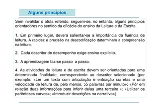 Alguns princípios
Sem invalidar o atrás referido, seguem-se, no entanto, alguns princípios
orientadores no sentido da eficácia do ensino da Leitura e da Escrita.
1. Em primeiro lugar, deverá salientar-se a importância da fluência de
leitura. A rapidez e precisão na descodificação determinam a compreensão
na l it
leitura.
2. Cada descritor de desempenho exige ensino explícito.
3. A aprendizagem faz-se passo a passo.
4. As ti id d de leitura e d escrita d
4 A atividades d l it
de
it devem ser orientadas para uma
i t d
determinada finalidade, correspondente ao descritor selecionado (por
exemplo: «Ler um texto com articulação e entoação corretas e uma
p
ç
ç
velocidade de leitura de, pelo menos, 55 palavras por minuto»; «Pôr em
relação duas informações para inferir delas uma terceira.»; «Utilizar os
parênteses curvos»; «Introduzir descrições na narrativa»)
narrativa»).

 