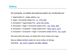 Sílabas
Em português, as sílabas das palavras podem ser constituídas por
1. Vogal (sílaba V): amigo, elétrico, rua
2. Vogal + Consoante (sílaba VC): ar, irmã, altar
g
(
)
3. Consoante + Vogal (sílaba CV): cama, fita, janela
4. Consoante + Vogal + Consoante (sílaba CVC): noz, caras, lápis
5. Consoante + Consoante + Vogal (sílaba CCV): febre, plano, cravo
6. Consoante + Consoante + Vogal + Consoante (sílaba CCVC): flor, crosta
Na maior parte dos casos, as sílabas têm como núcleo uma vogal.
Mas as sílabas também podem ter como núcleo um ditongo.
Exemplos: pai, ouriço, toupeira, garrafão, aflições

 