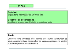 4.º Ano
Objetivo
Organizar a informação de um texto lido
lido.

Descritor de desempenho
Identificar o tema do texto. Explicitar o assunto do texto.

Tarefa
Conceber uma atividade que permita aos alunos aprofundar os
seus conhecimentos e desenvolver as suas capacidades no sentido
dos desempenhos acima descritos.

 