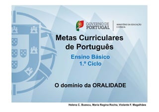 Metas Curriculares
de Português
Ensino BásicoEnsino Básico
1.º Ciclo
O domínio da ORALIDADE
Helena C. Buescu, Maria Regina Rocha, Violante F. Magalhães
 