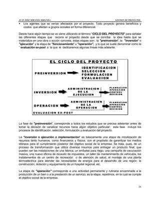 JUAN JOSE MIRANDA MIRANDA GESTION DE PROYECTOS
26
§ Los agentes que se verían afectados por el proyecto. Todo proyecto genera beneficios y
costos que afectan a grupos sociales en forma diferencial.
Desde hace algún tiempo se ve viene utilizando el término "CICLO DEL PROYECTO" para señalar
las diferentes etapas que recorre el proyecto desde que se concibe la idea hasta que se
materializa en una obra o acción concreta, estas etapas son: la "preinversión", la "inversión" o
"ejecución" y la etapa de "funcionamiento" u "operación", y lo que se suele denominar como la
¨ evaluación ex-post a la que le dedicaremos algunas líneas más adelante.
E L C I C L O D E L P R O Y E C T OE L C I C L O D E L P R O Y E C T O
P R E I N V E R S I O NP R E I N V E R S I O N
I D E N T I F I C A C I O NI D E N T I F I C A C I O N
S E L E C C I O NS E L E C C I O N
F O R M U L A C I O NF O R M U L A C I O N
E V A L U A C I O NE V A L U A C I O N
I D E N T I F I C A C I O NI D E N T I F I C A C I O N
S E L E C C I O NS E L E C C I O N
F O R M U L A C I O NF O R M U L A C I O N
E V A L U A C I O NE V A L U A C I O N
I N V E R S I O NI N V E R S I O N
A D M I N I S T R A C IO NA D M I N I S T R A C IO N
D E L AD E L A
E J E C U C I O NE J E C U C I O N
A D M I N I S T R A C IO NA D M I N I S T R A C IO N
D E L AD E L A
E J E C U C I O NE J E C U C I O N
P L A N E A C I O NP L A N E A C I O N
O P E R A C IÓ NO P E R A C IÓ N
C O N T R O LC O N T R O L
R E V I S I O NR E V I S I O N
O P E R A C I O NO P E R A C I O N
A D M I N I S T R A C IO NA D M I N I S T R A C IO N
D E L AD E L A
O P E R A C I O NO P E R A C I O N
A D M I N I S T R A C IO NA D M I N I S T R A C IO N
D E L AD E L A
O P E R A C I O NO P E R A C I O N
P L A N E A C I O NP L A N E A C I O N
O P E R A C IÓ NO P E R A C IÓ N
C O N T R O LC O N T R O L
R E V I S I O NR E V I S I O N
E V A L U A C IO N E X - P O S T
La fase de "preinversión", corresponde a todos los estudios que se precisa adelantar antes de
tomar la decisión de canalizar recursos hacia algún objetivo particular; esta fase incluye los
procesos de identificación, selección, formulación y evaluación del proyecto.
La "inversión o ejecución o implementación" es básicamente una etapa de movilización de
recursos tanto humanos, como financieros y físicos, con el propósito de garantizar los medios
idóneos para el cumplimiento posterior del objetivo social de la empresa. Se trata, pues, de un
proceso de transformación que utiliza diversos insumos para entregar un producto final, que
pueden ser las instalaciones de una fábrica, un embalse para riego, una campaña de vacunación
masiva, una nueva oficina de recaudo de impuestos, un taller de mantenimiento de vehículos, los
instalamentos de un centro de recreación o de atención de salud, el montaje de una planta
termoeléctrica para atender las necesidades de energía para el desarrollo de una región, la
construcción, dotación y equipamiento de un hospital regional, etc.
La etapa de "operación" corresponde a una actividad permanente y rutinaria encaminada a la
producción de un bien o a la prestación de un servicio; es la etapa, repetimos, en la cual se cumple
el objetivo social de la empresa.
 