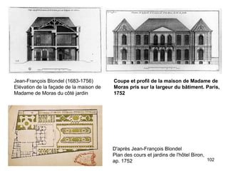 Jean-François Blondel (1683-1756)        Coupe et profil de la maison de Madame de
Elévation de la façade de la maison de   Moras pris sur la largeur du bâtiment. Paris,
Madame de Moras du côté jardin           1752




                                         D'après Jean-François Blondel
                                         Plan des cours et jardins de l'hôtel Biron,
                                         ap. 1752                                    102
 